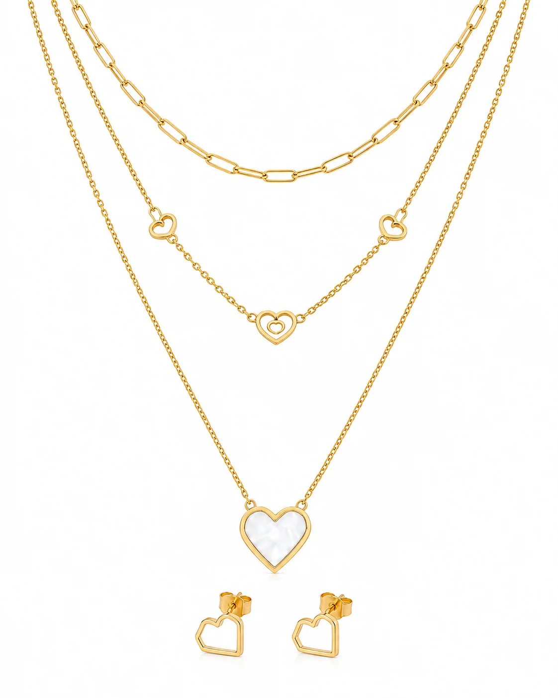 Collar triple de corazones y aretes