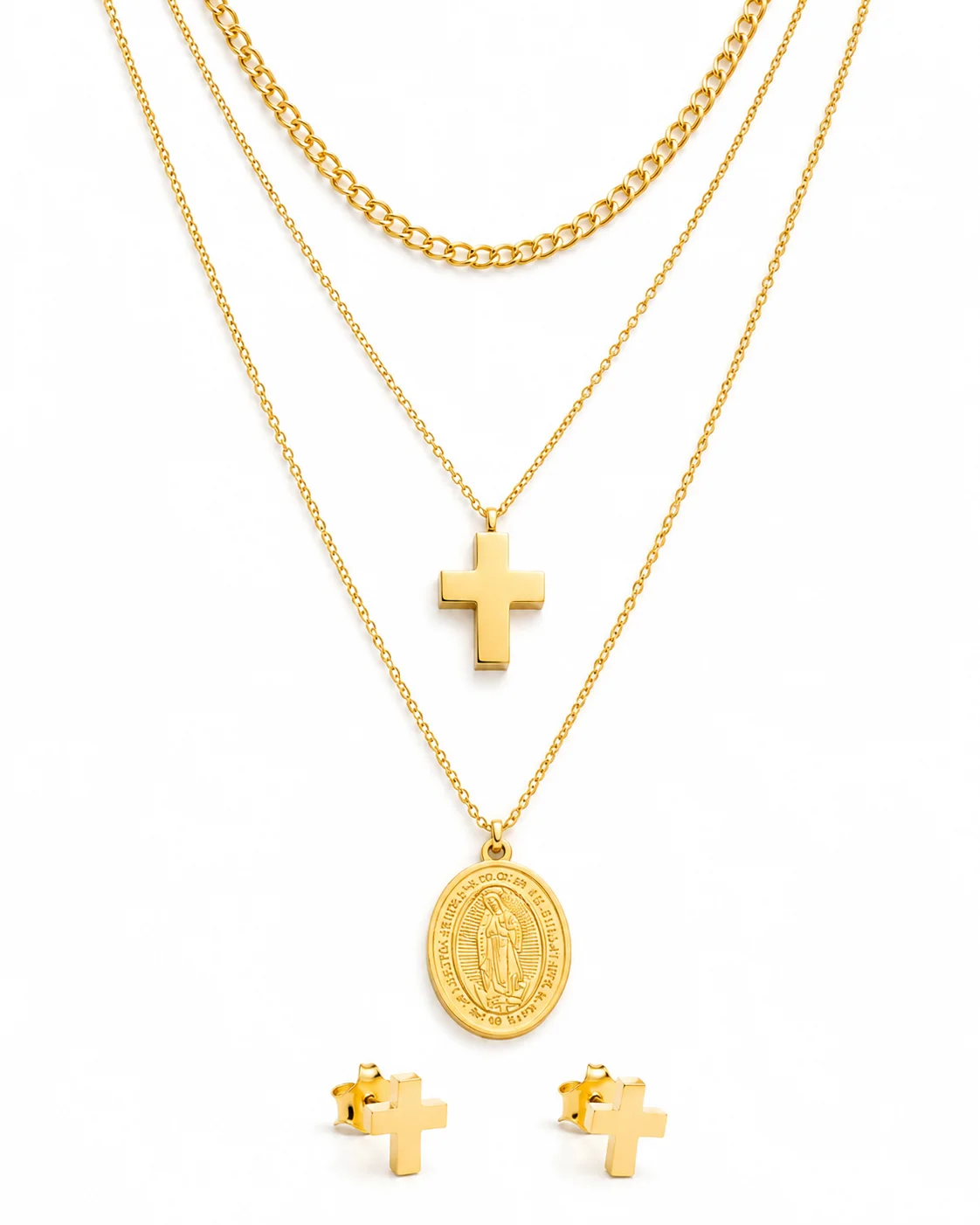 Collar triple de virgen con aretes