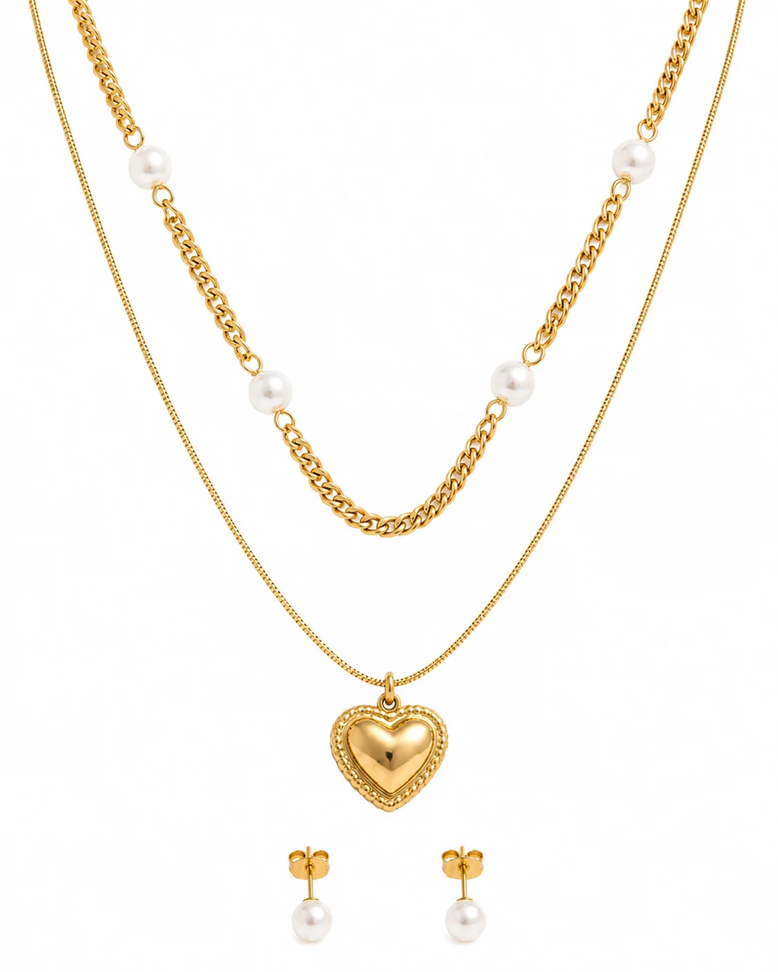 Collar doble de perla y corazón