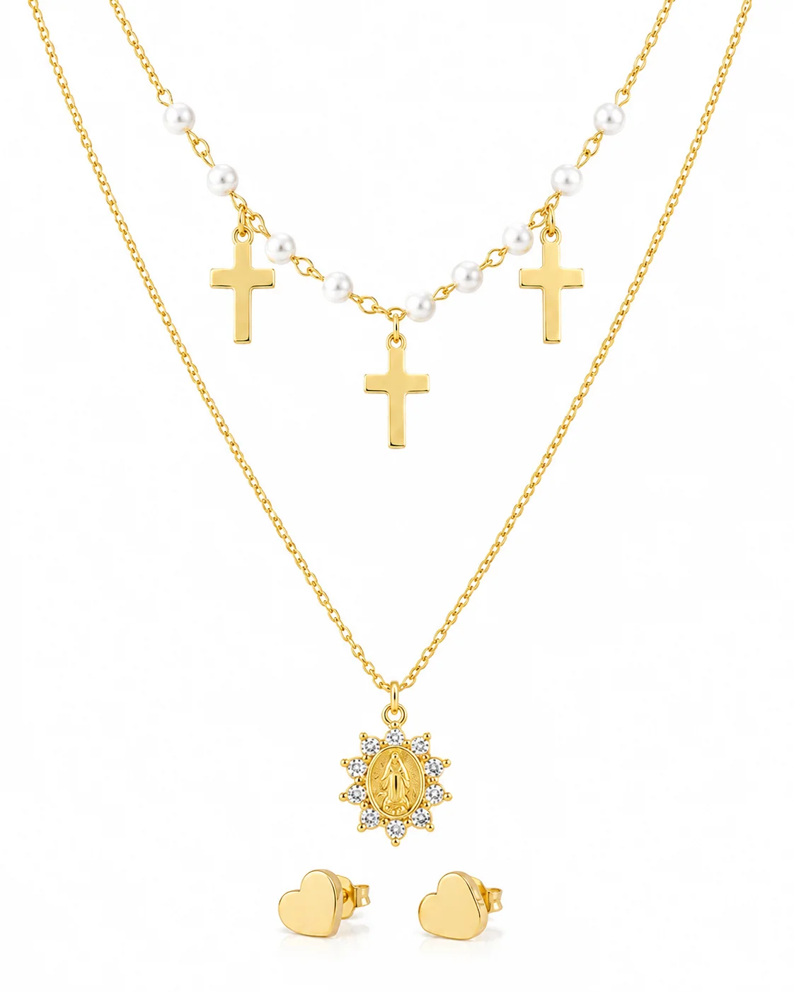 Collar doble de virgen y aretes de cruz