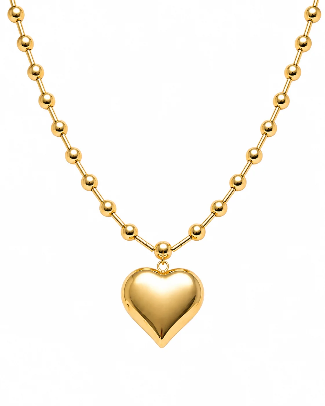 Collar corazón dorado con cadena de bolitas en acero inoxidable