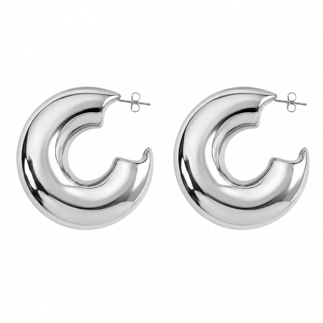 Aretes aro grueso plateados en acero inoxidable