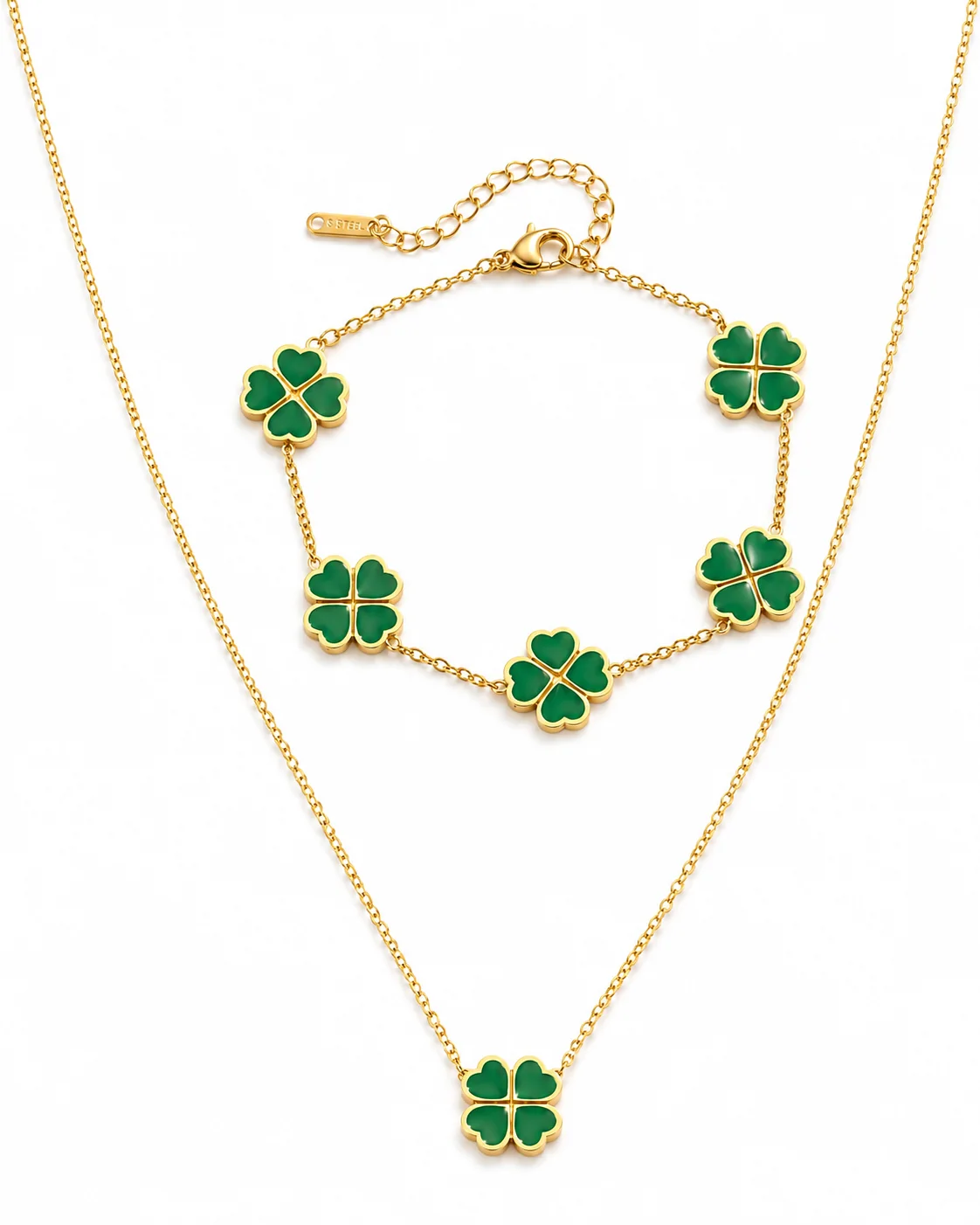 Conjunto trébol verde de acero inoxidable