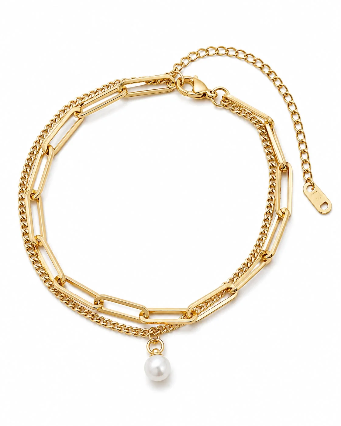 Pulsera cadena doble dorada con perla