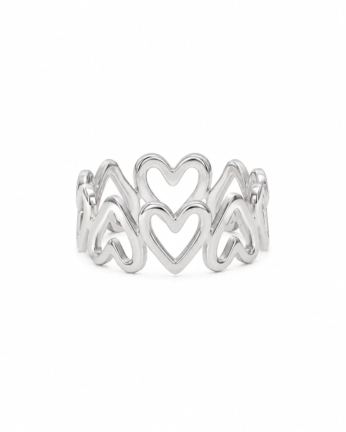 Anillo geometrico de corazones plateado