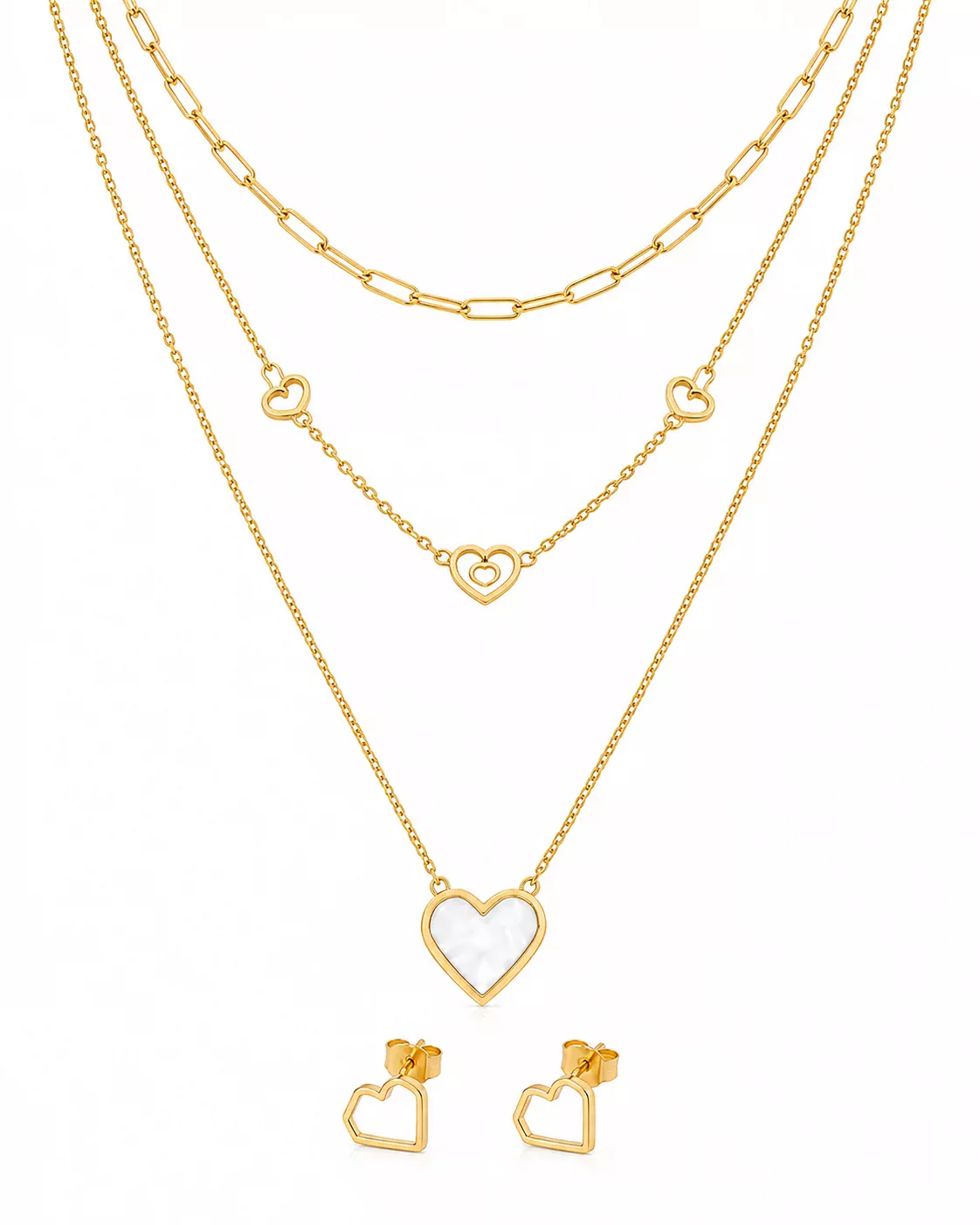 Collar triple de corazones y aretes