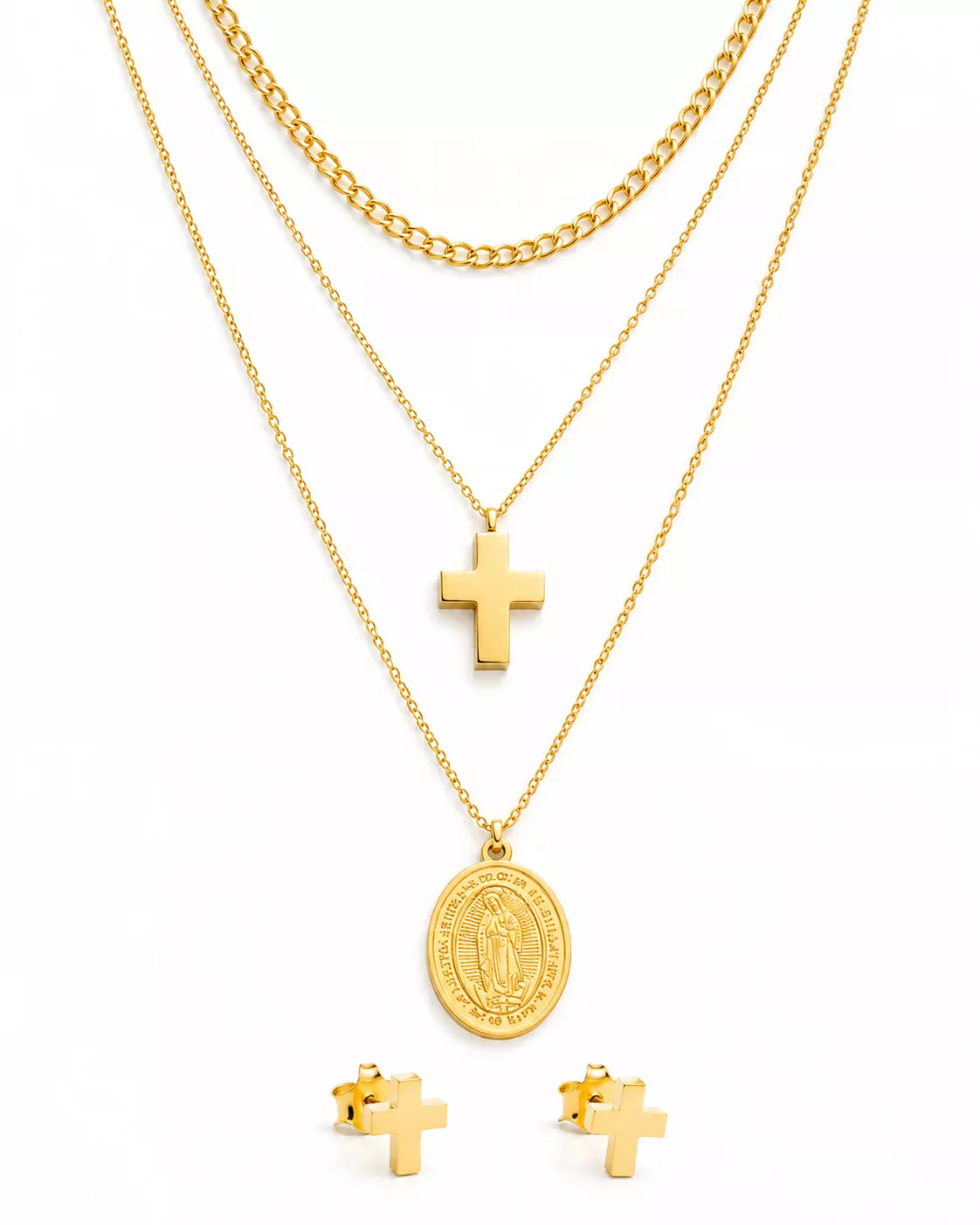 Collar triple de virgen con aretes